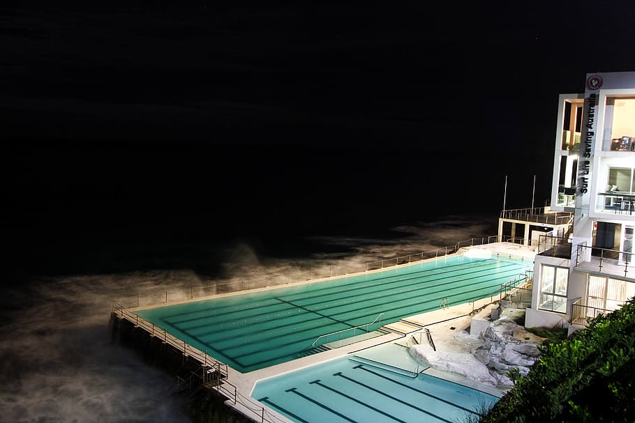 australia, sydney, pool, splash, waves, water, ocean, blue, HD wallpaper