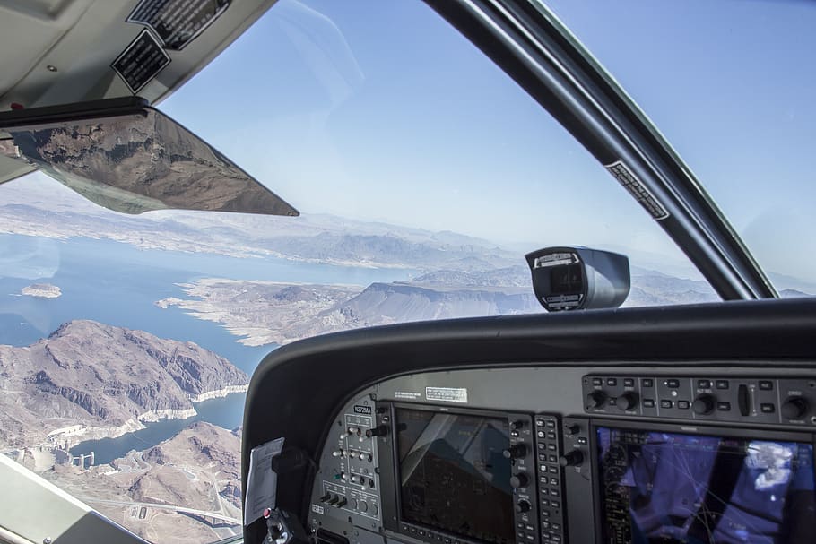 high-angle view of land, cockpit, united states, lake mead, plane