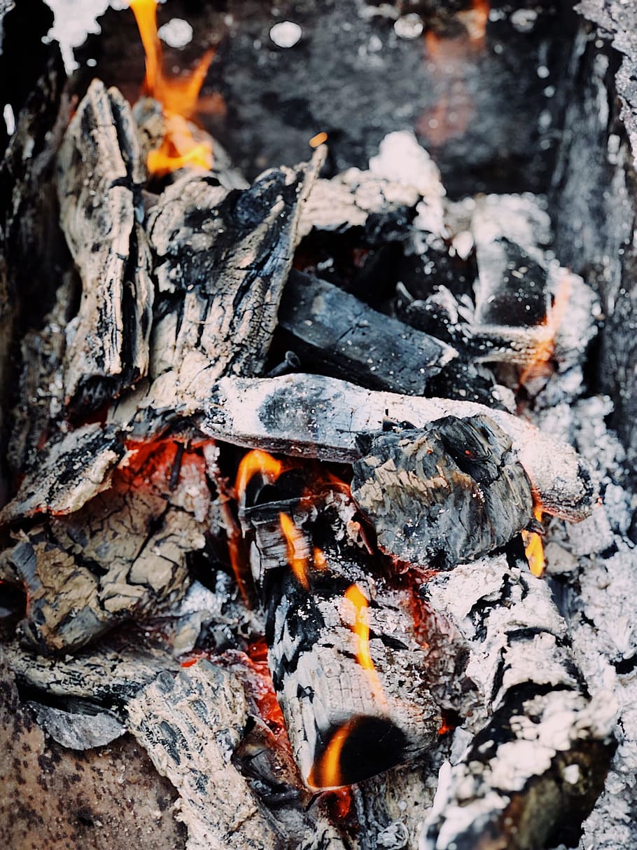 close up, campfire, hot, burn, smoke, charcoal, wood, glow HD wallpaper