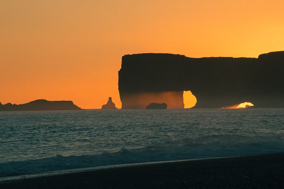 iceland, vik, vik iceland, water, sunset, sky, rock, rock - object HD wallpaper