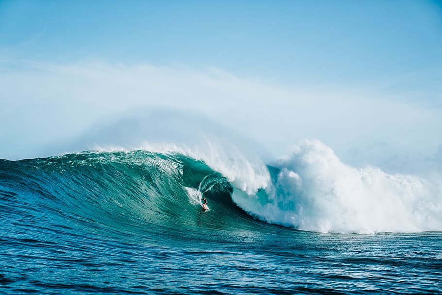 ocean waves at daytime, surf, blue, sky, cloud, sun, pipeline