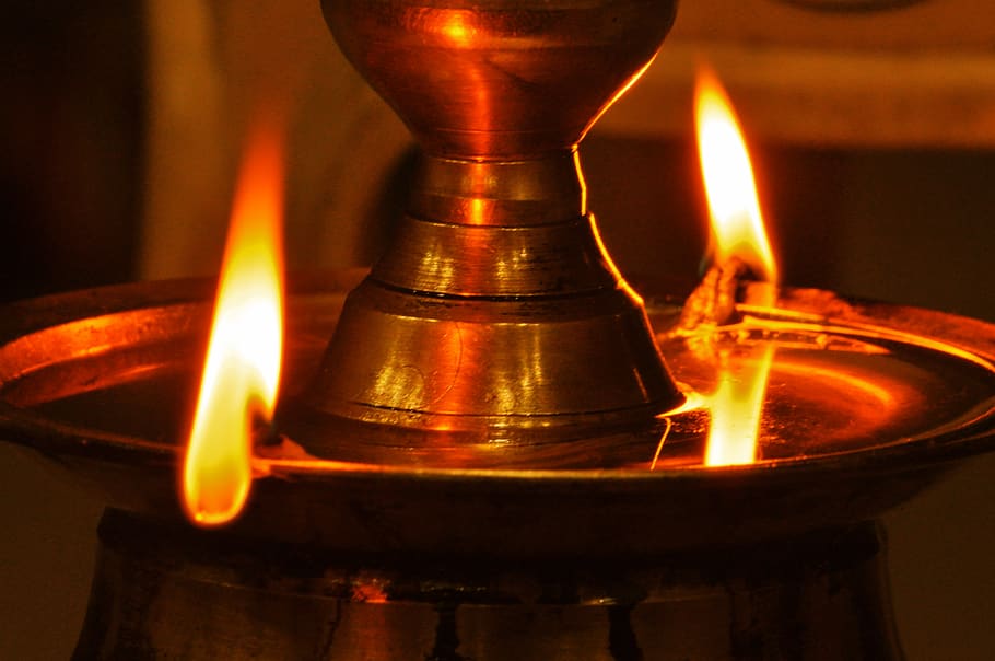 india, kerala, lamp, oil, prayer, temple, fire, burning, flame, HD wallpaper