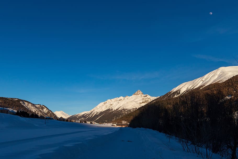 mountains, blue, evening, sunset, winter, engadin, oberengadin HD wallpaper