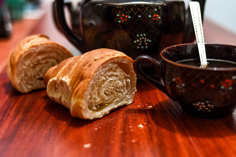 bread, cup, tea, drink, relaxation, food and drink, table, refreshment HD wallpaper