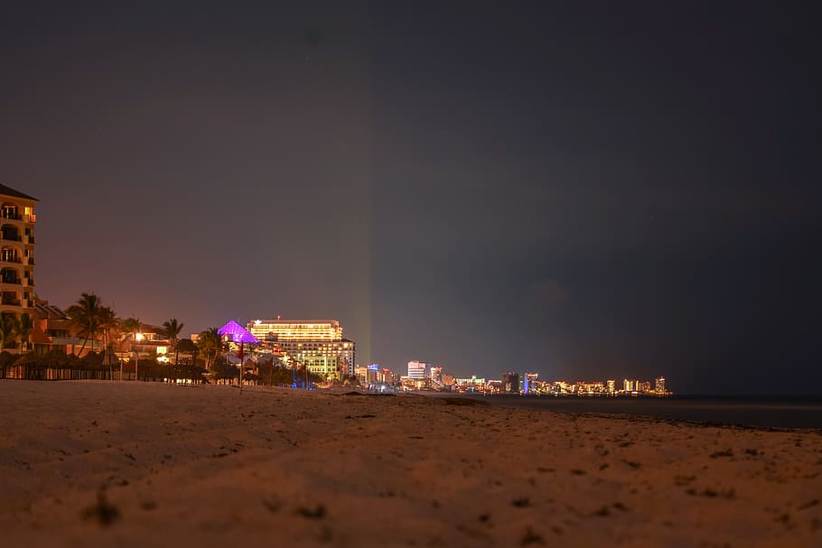 city, beach, light, night, cancun, moment, architecture, illuminated HD wallpaper