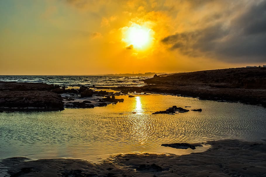 sunset, beach, sea, water, sky, nature, coast, landscape, dusk HD wallpaper