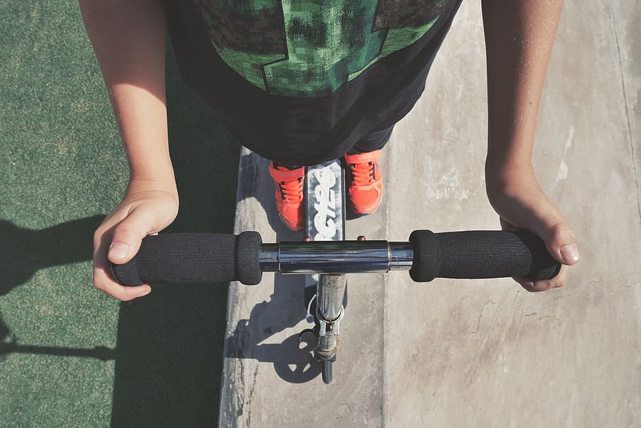 person on scooter, footwear, clothing, apparel, shoe, human, machine HD wallpaper