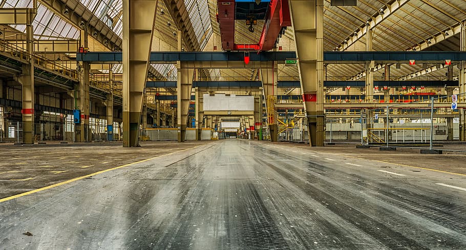 Gray Concrete Building Interior ], architecture, crane, empty HD wallpaper
