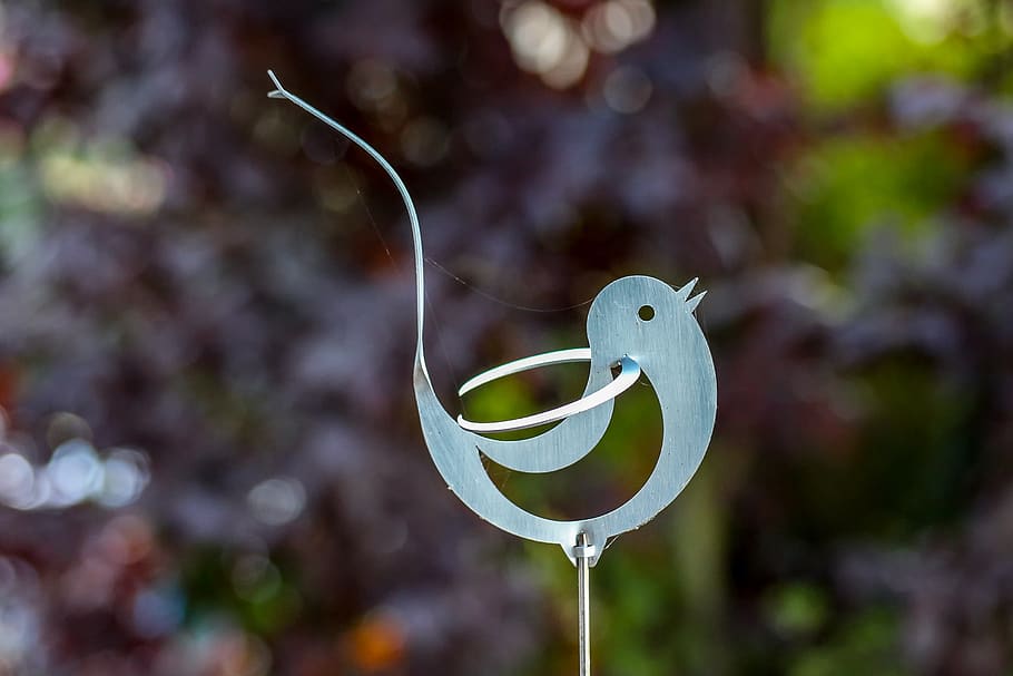bird, aluminium, figure, garden, leaves, ornament, light gray, HD wallpaper