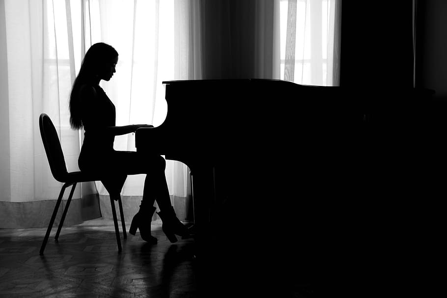 silhouette of woman playing piano, one person, musical equipment