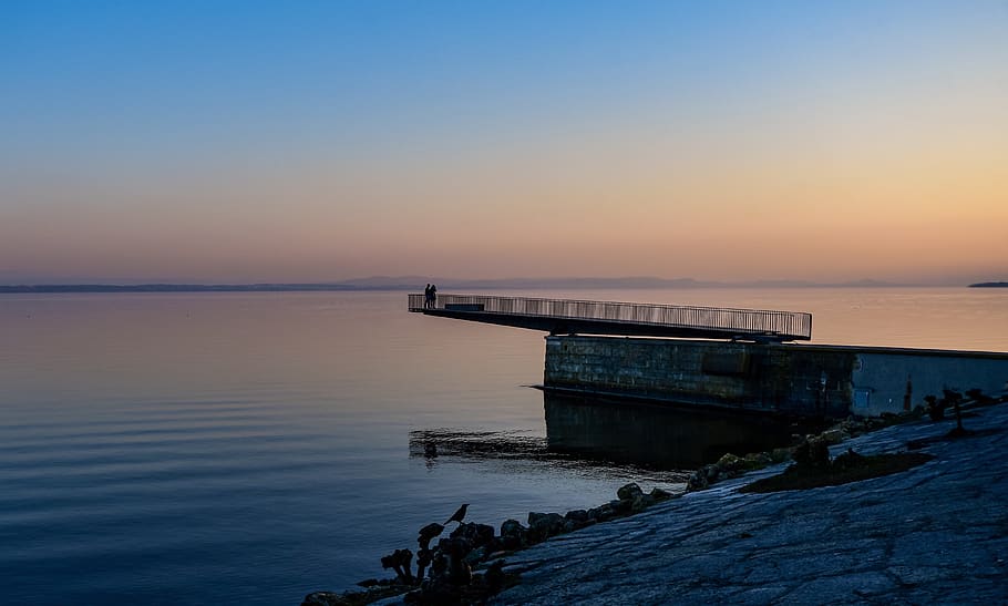 sunset, lake, landscape, bridge, reflection, quiet, scenic HD wallpaper
