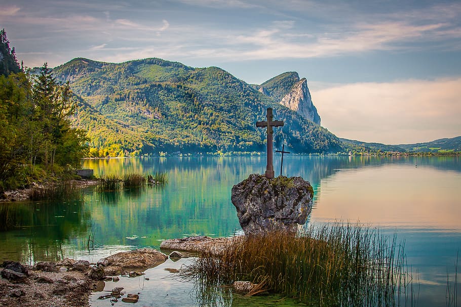 mondsee, kreuzenstein, austria, salzkammergut, lakeside, mountains, HD wallpaper