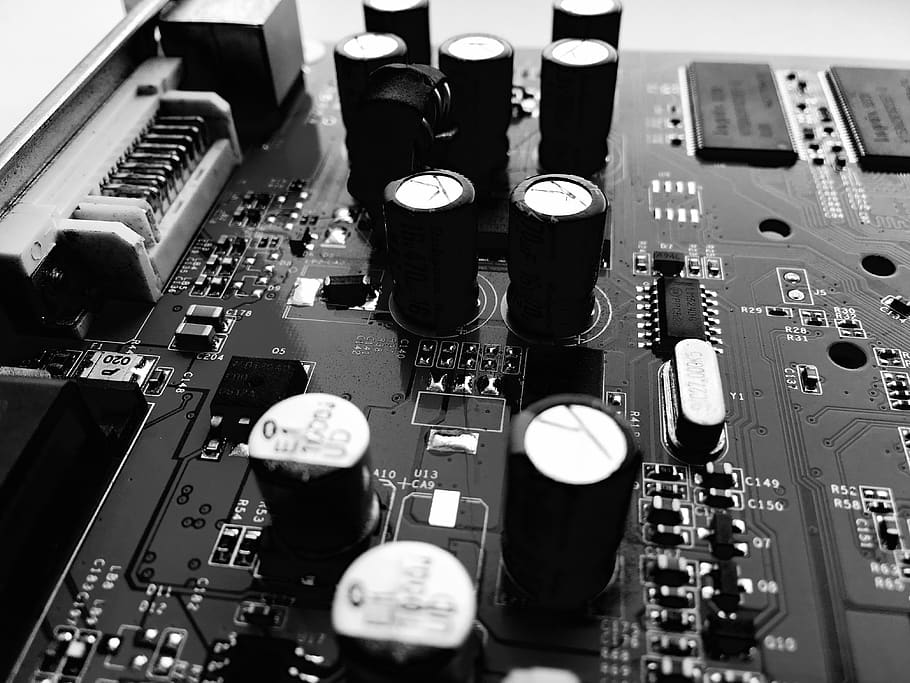 capacitor, bw, motherboard, technology, electronics industry HD wallpaper