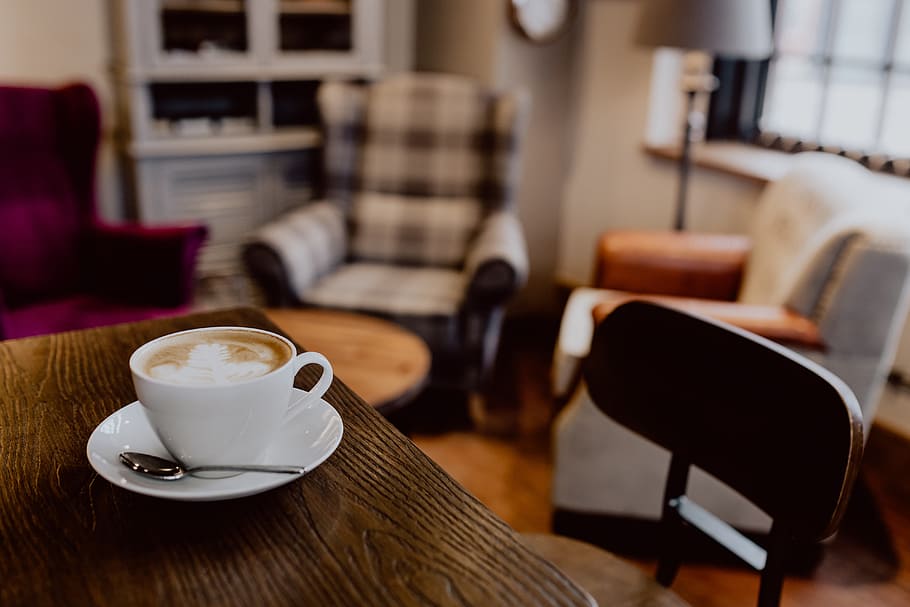 Cup of coffee on table in cafe, interior, tech, technology, work, HD wallpaper