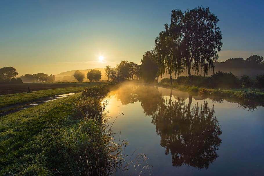 germany, schwerte, reflection, water, tranquility, sky, tree HD wallpaper