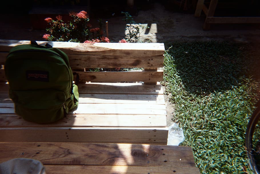 Backpack on Top of Bench, flower, garden, grass, green grass HD wallpaper