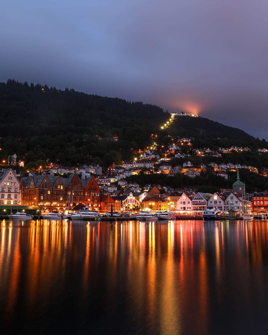 norway, bergen, water, architecture, city, sky, illuminated HD wallpaper