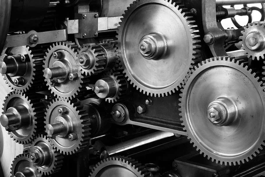 Gray Scale Photo of Gears, black-and-white, cogs, industrial