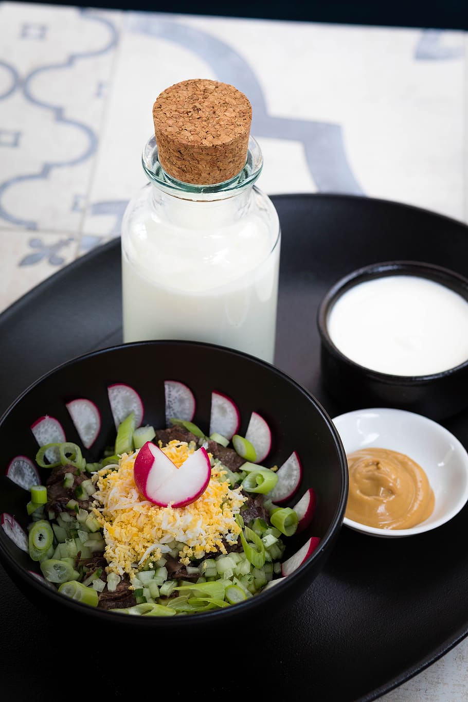 Vegetable Salad Beside Milk Bottle and Brown Sauce Dip on Round Black Tray HD wallpaper