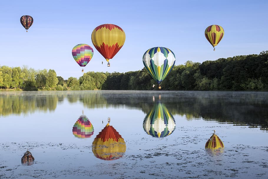 balloons, hot air, reflection, trees, rising, sky, colorful HD wallpaper