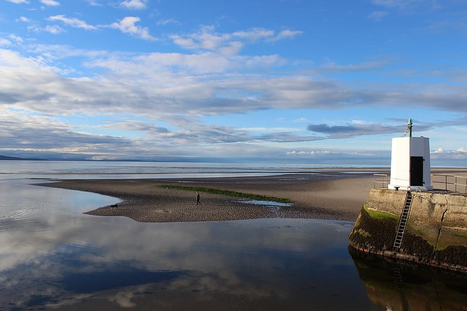 sea, lighthouse, watts, beach, mirroring, lake, water, bank HD wallpaper