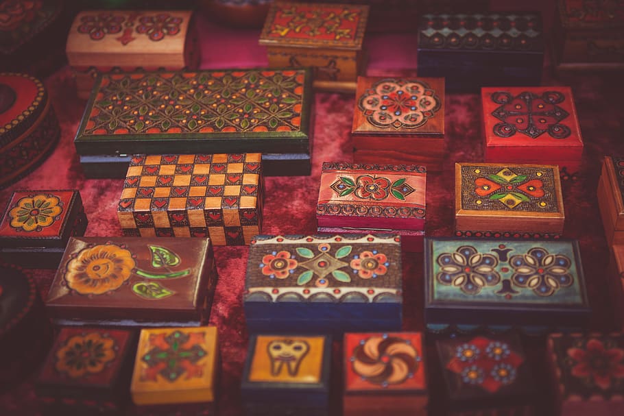 Assorted Wooden Boxes, art, container, design, indoors, shapes HD wallpaper