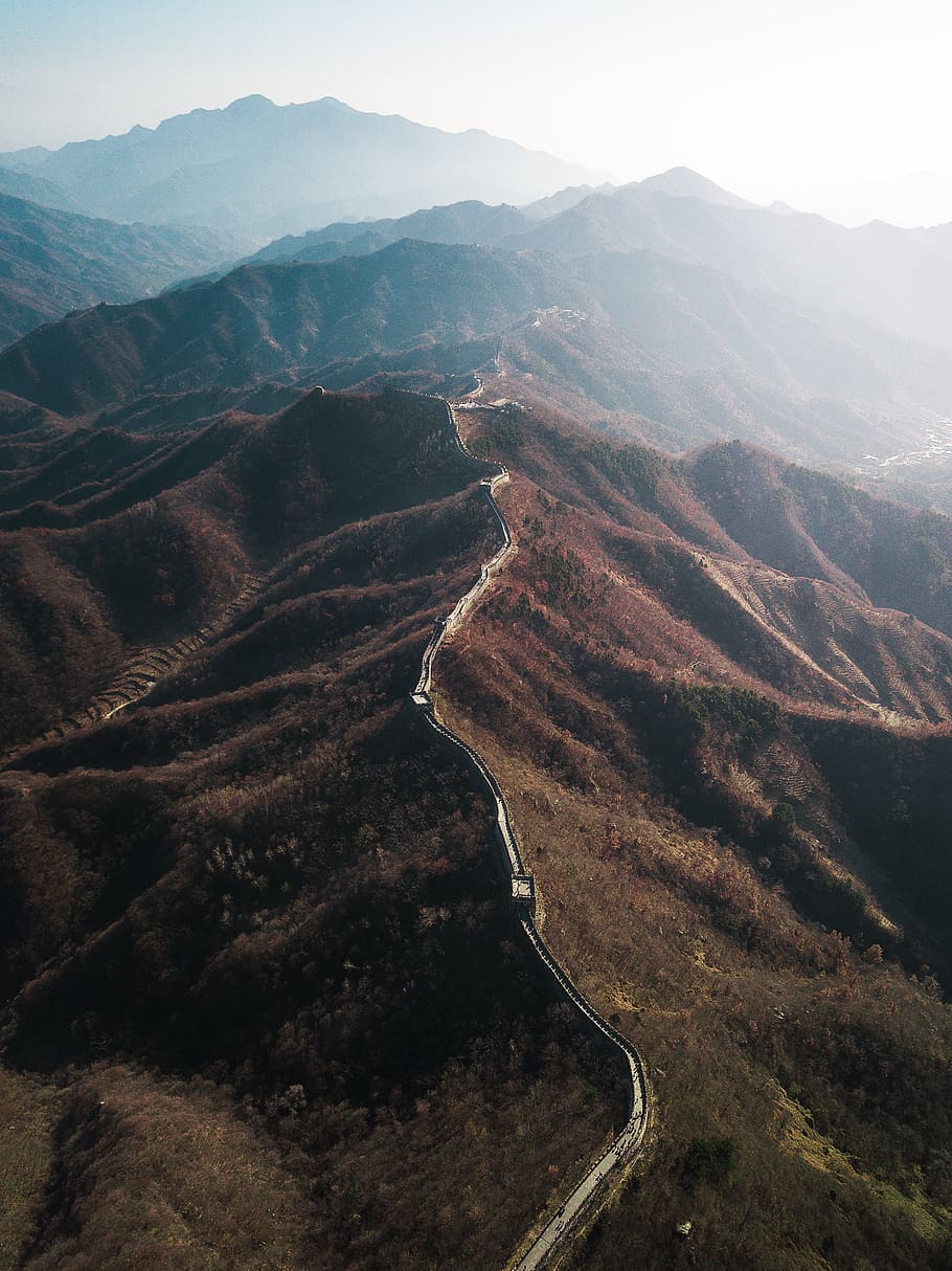 Drone Photography of the Great Wall of China, daylight, hill