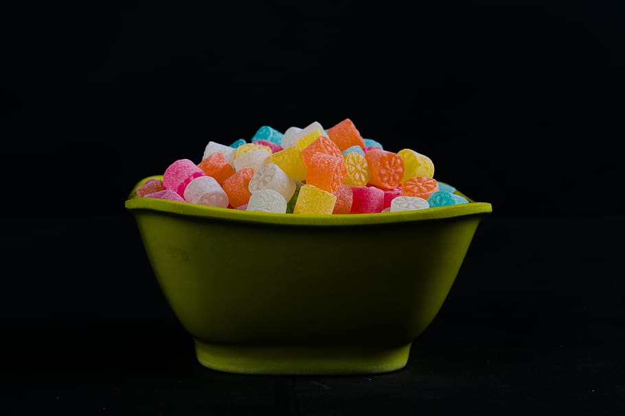 Bowl of Gummies, black background, candy, close-up, colorful, HD wallpaper
