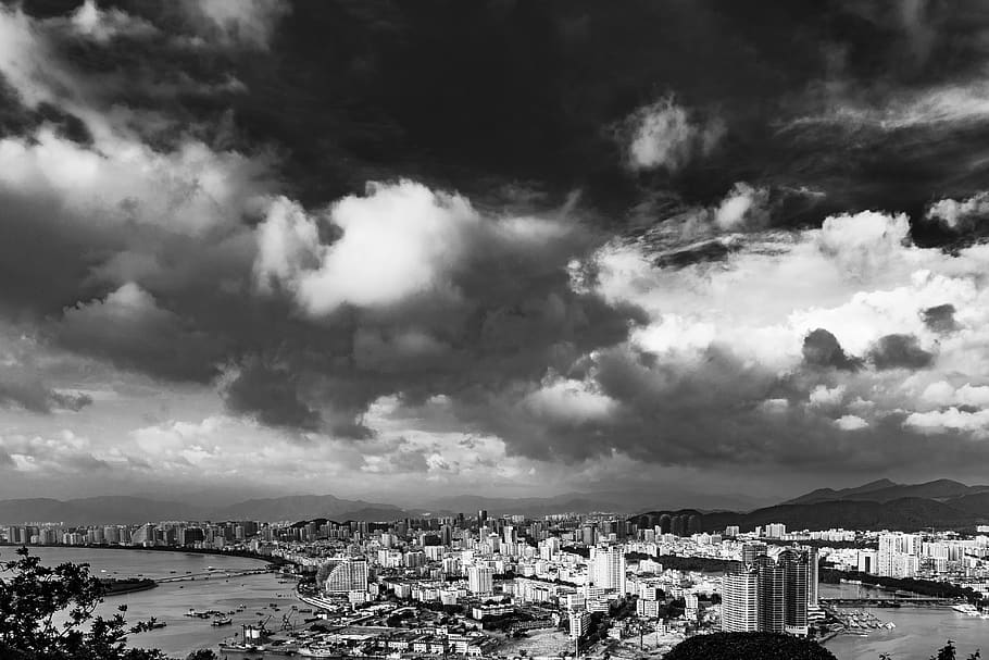 sanya, china, luhuitou park, clouds, black and white, bw, bay, HD wallpaper