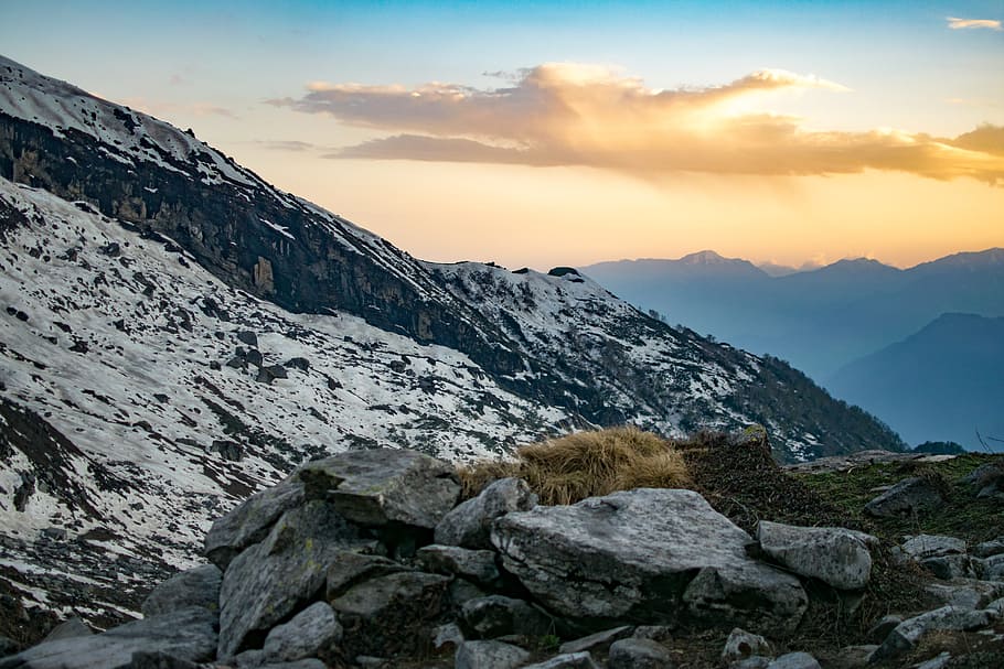 White and Gray Mountains, altitude, clouds, cold, daylight, golden hour HD wallpaper