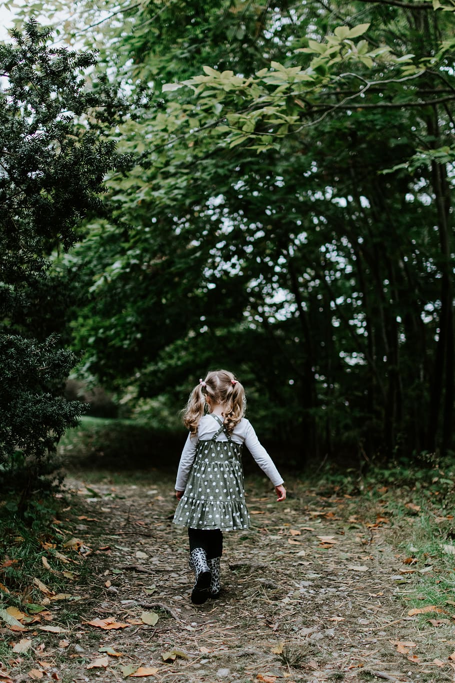 girl walking near green leafed trees, path, forest, woodland, HD wallpaper