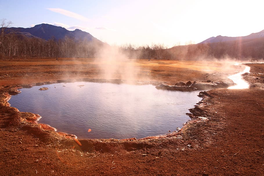 hot spring, forest, mountains, boiling water, silence, kamchatka HD wallpaper