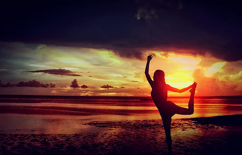 Woman Practising Yoga at the Beach, body, exercise, female, harmony HD wallpaper
