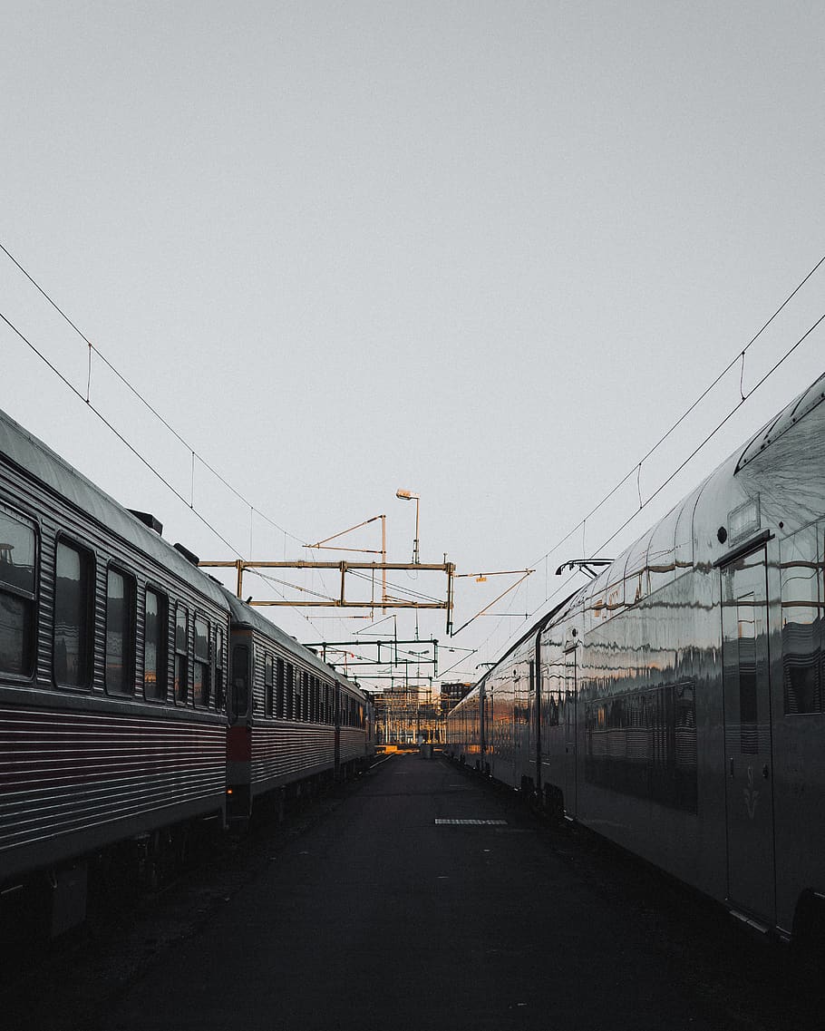 two gray passenger trains, sky, transportation, copy space, clear sky HD wallpaper
