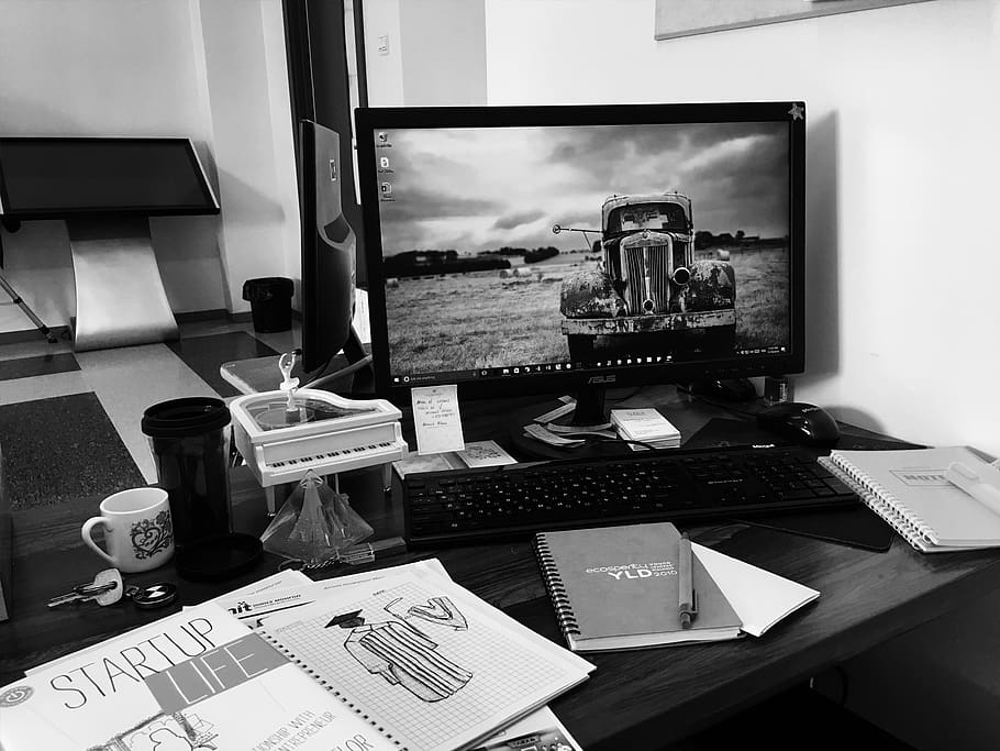 black, white, computer, piano, cuo, coffee, notebook, sticker HD wallpaper