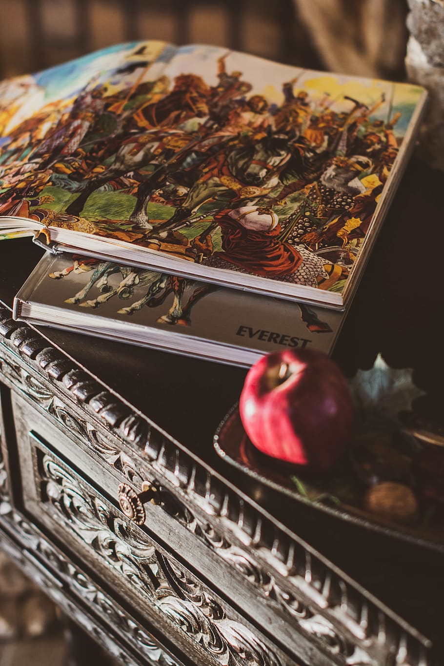 Photo of Illustration Books on Top of Wooden Table, apple, battle HD wallpaper