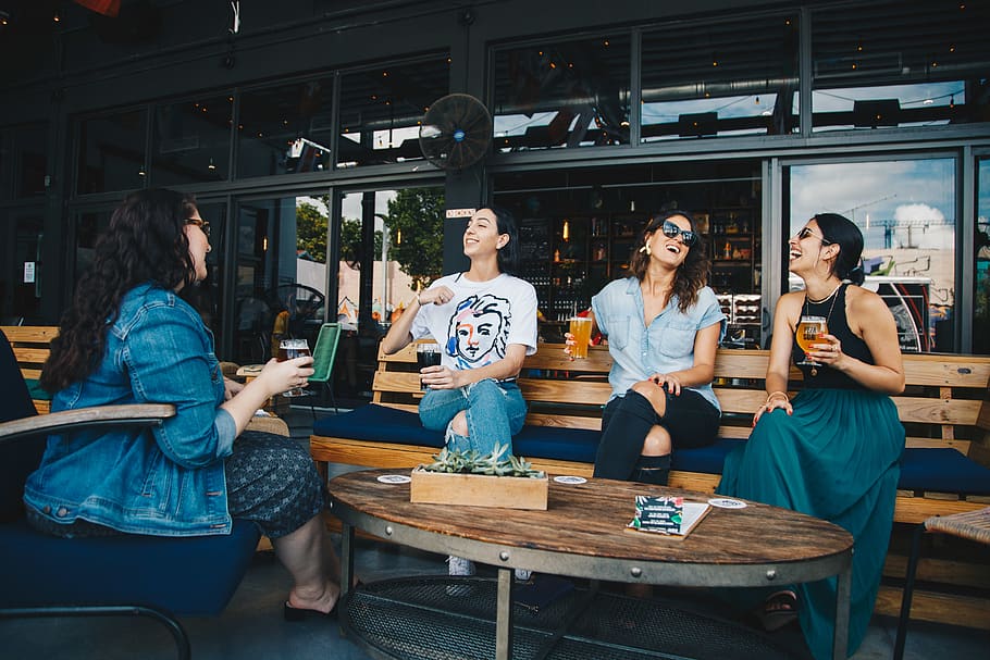 HD wallpaper: Four Women Chatting While Sitting on Bench, adults, alcoholic beverages - Wallpaper Flare