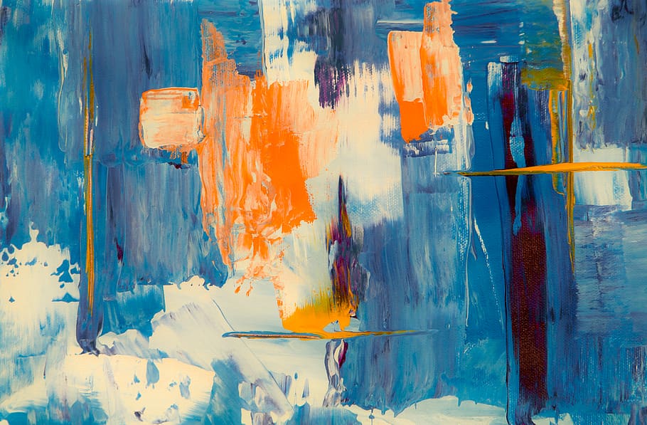 Blue, White, and Orange Abstract Painting, abstract expressionism, HD wallpaper
