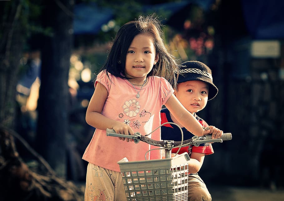 Children Riding Bicycle, adorable, adult, blur, boy, childhood