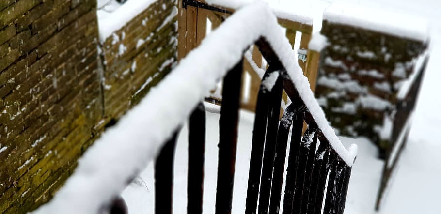 Shallow Focus of Black Stair Frames Covered in Snow, brickwalls HD wallpaper