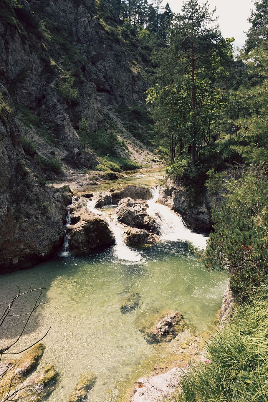 austria, ötscher, mountain, water, waterfall, trees, forest HD wallpaper