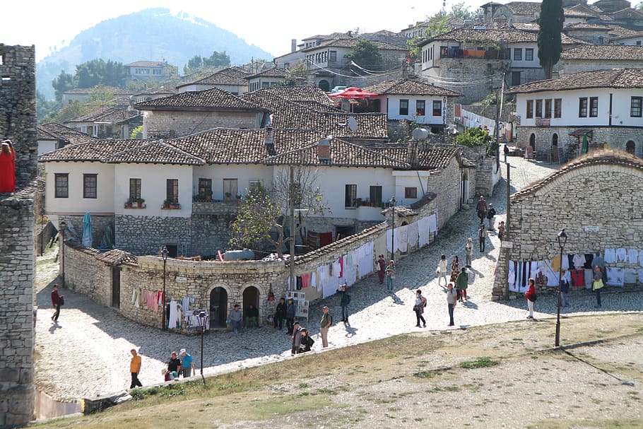 albania, berat, castle, houses, building exterior, architecture, HD wallpaper