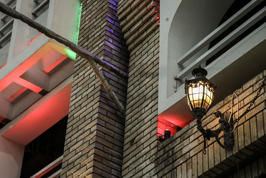lamp, brick, light fixture, lamp post, lampshade, building HD wallpaper
