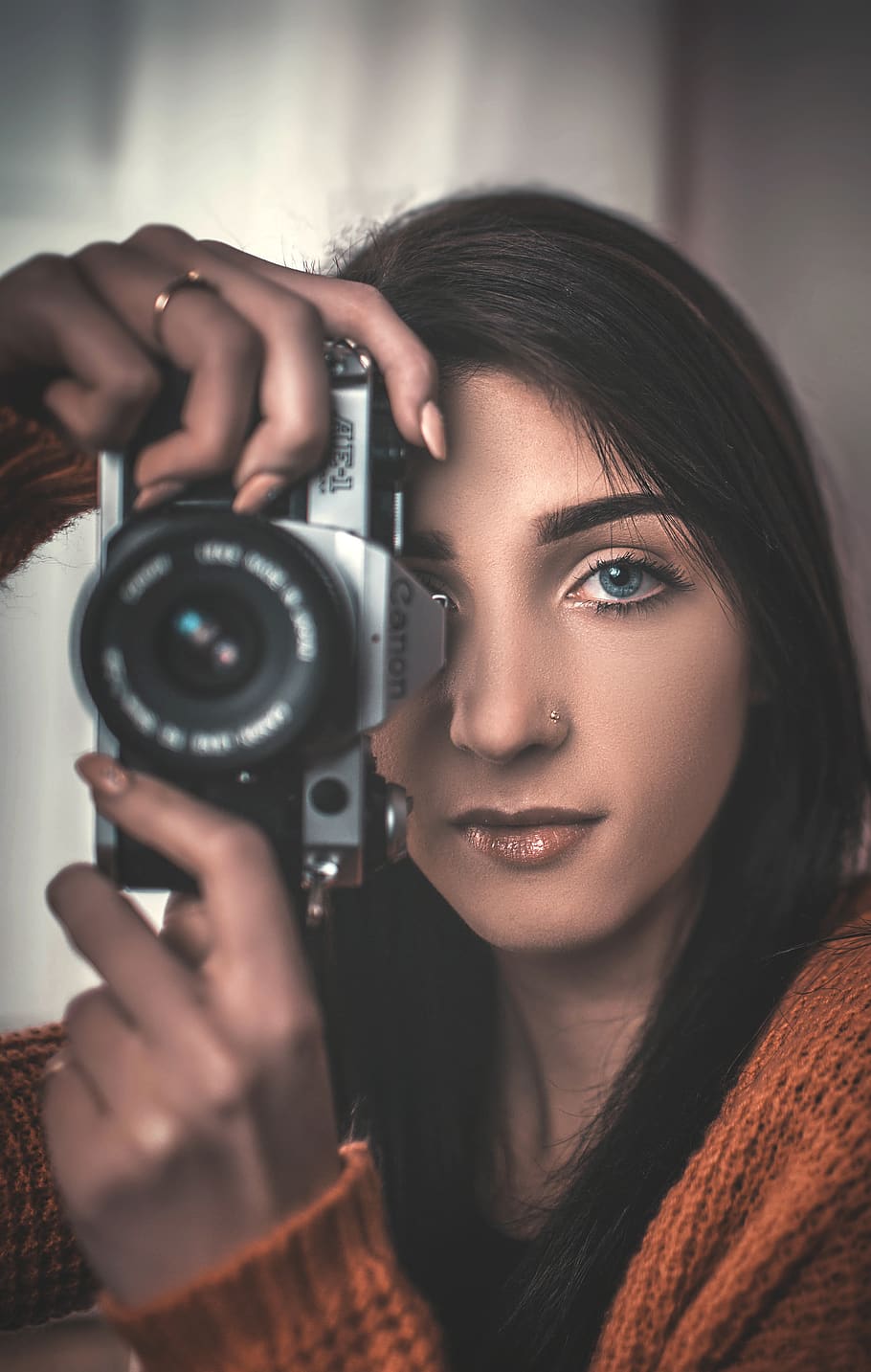 woman using gray Canon DSLR camera, one person, portrait, headshot