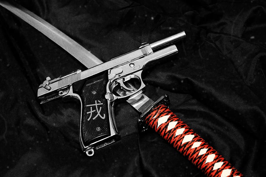 weapon, beretta m9, handgun, pistol, unloaded, katana, samurai sword