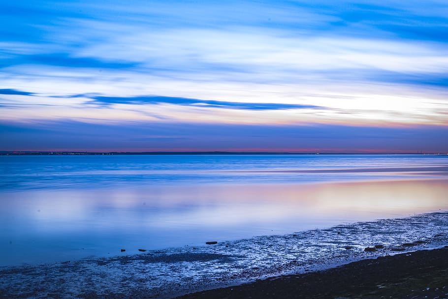 reflection, beach, landscape, horizon, orange, sunset, purple HD wallpaper