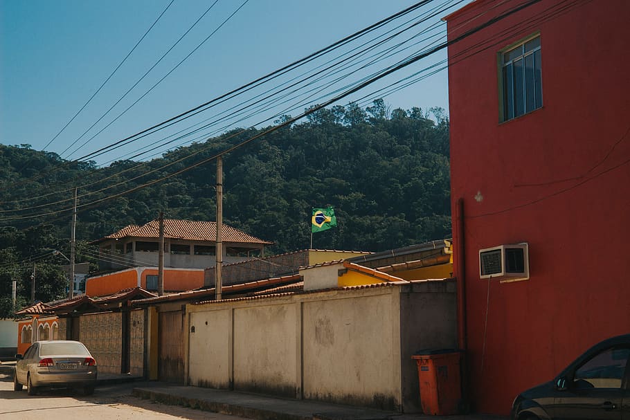 brazil, street, flag, mountain, trees, city, road, windy, dirt HD wallpaper