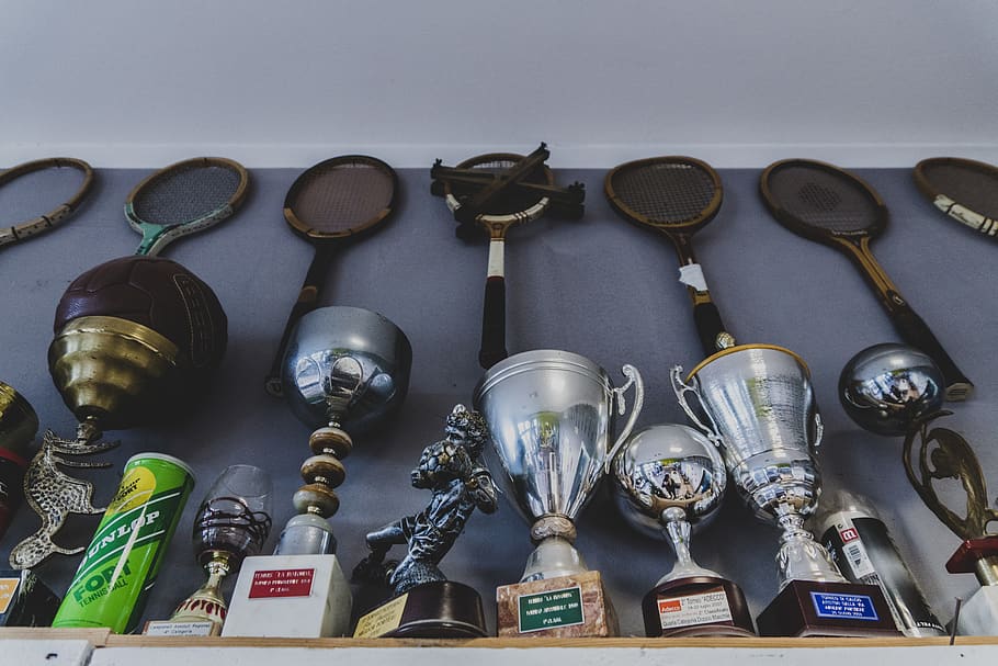 Assorted Trophies, collection, equipment, indoors, inside, low angle photography HD wallpaper
