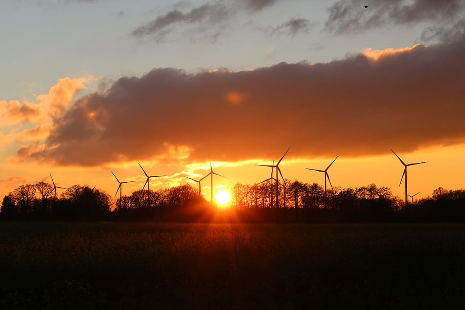 sunset, windräder, wind power, abendstimmung, fuel and power generation HD wallpaper