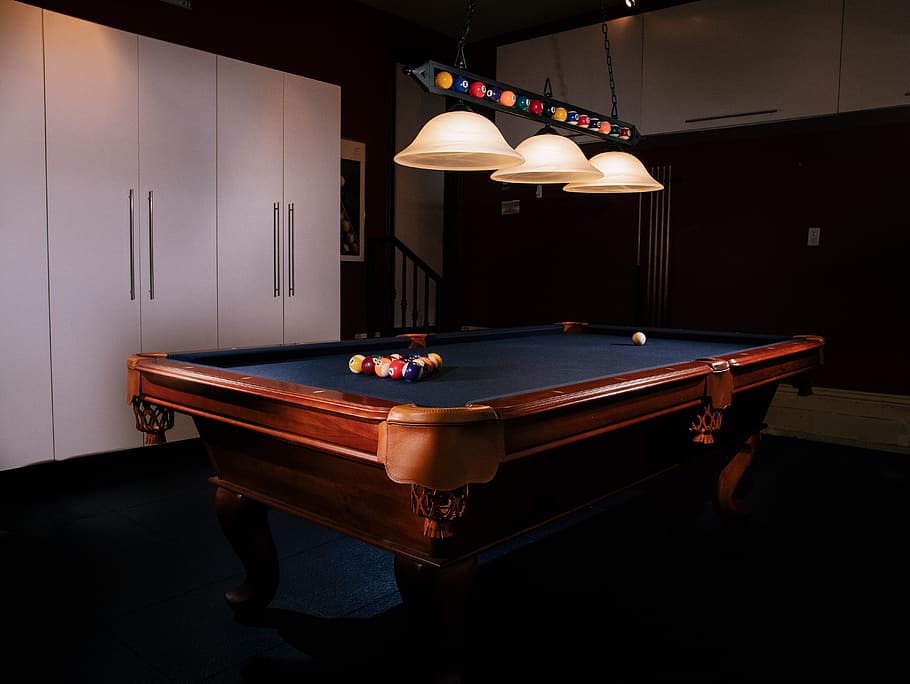 pool, table, balls, cue, lighting, moody, modern, design, furnished, HD wallpaper